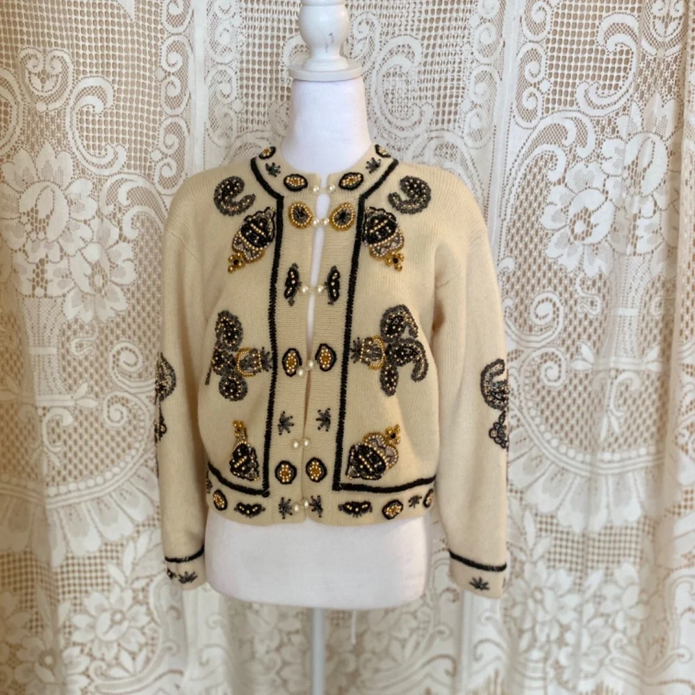 Vintage Premode Wool Beaded Cardigan Jacket (M) I Pearl & Gold Bead Embellished - Picture 2 of 11